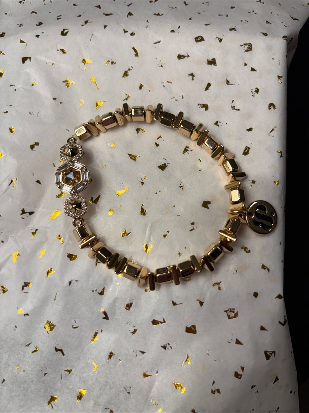 Bomb Party Gold Beaded Stretch Bracelet with Crystal Accents